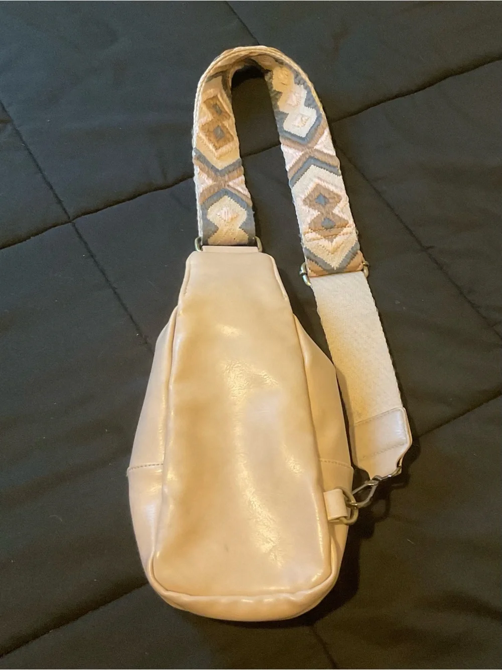 Beige Faux Leather Sling Backpack Crossbody Bag Boho Strap Multi Pocket Purse